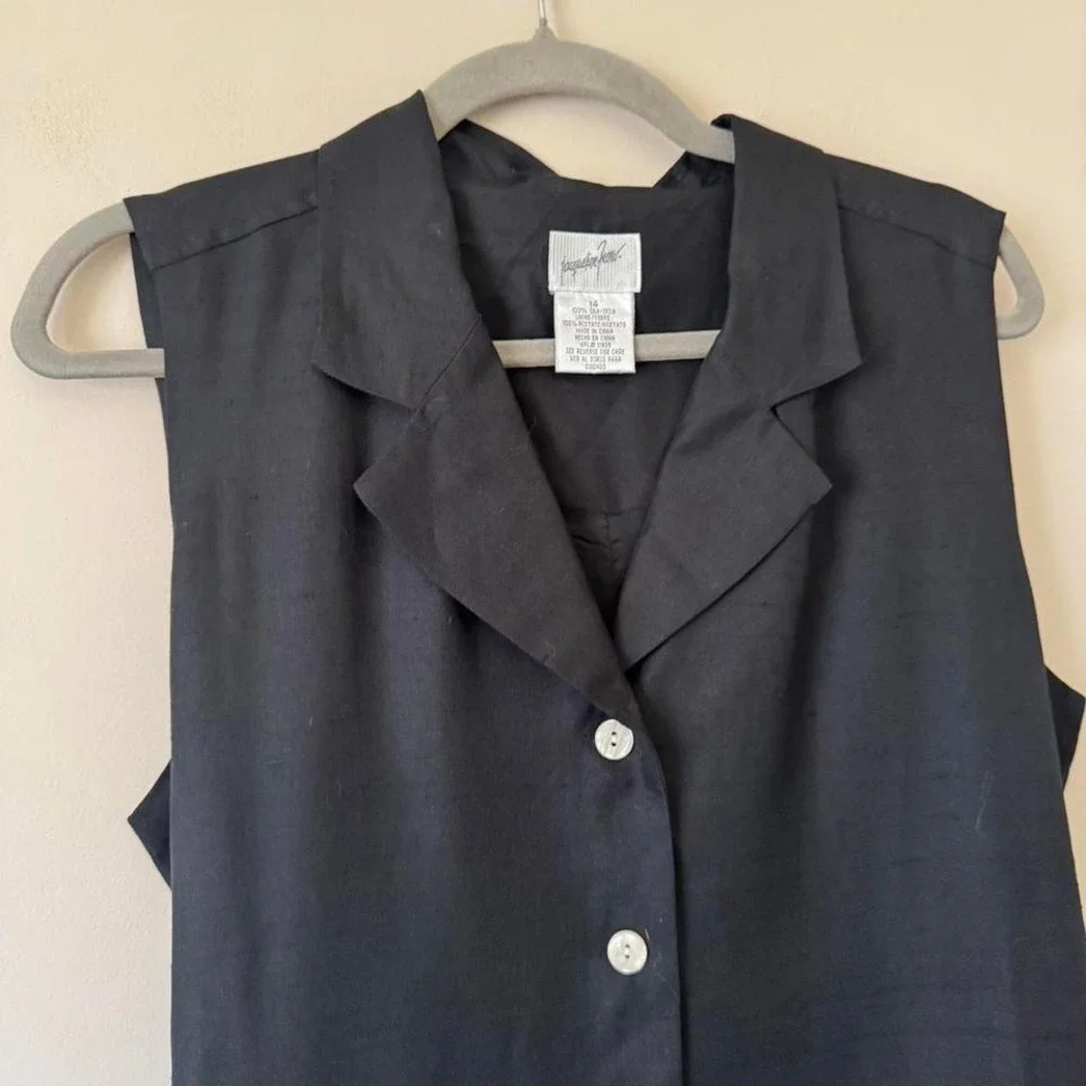90s Black Raw Silk Longline Vest Jacqueline Ferrar size 14 shell buttons - Picture 2 of 6
